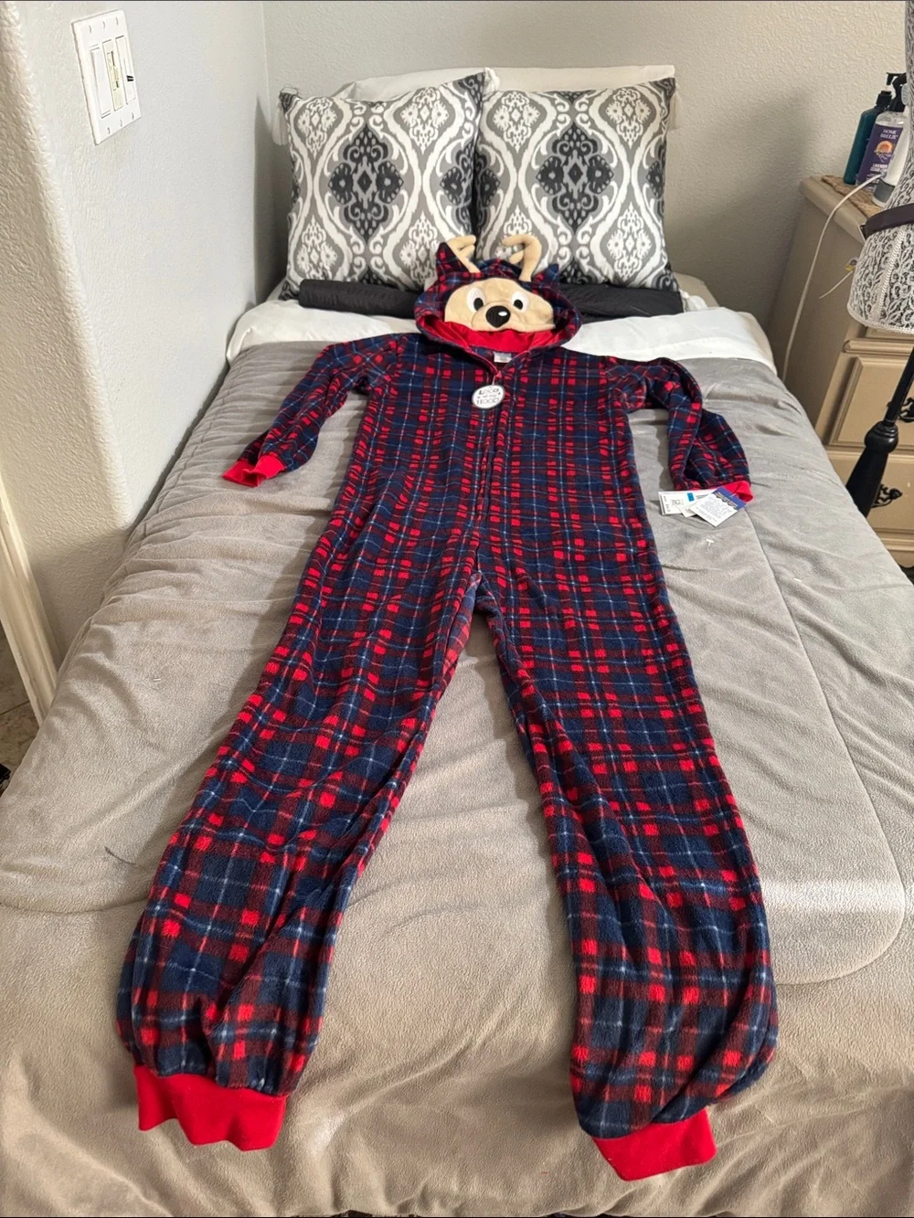 Kids Plush Red & Navy Plaid deer hooded-Footie Christmas Halloween PJ xl